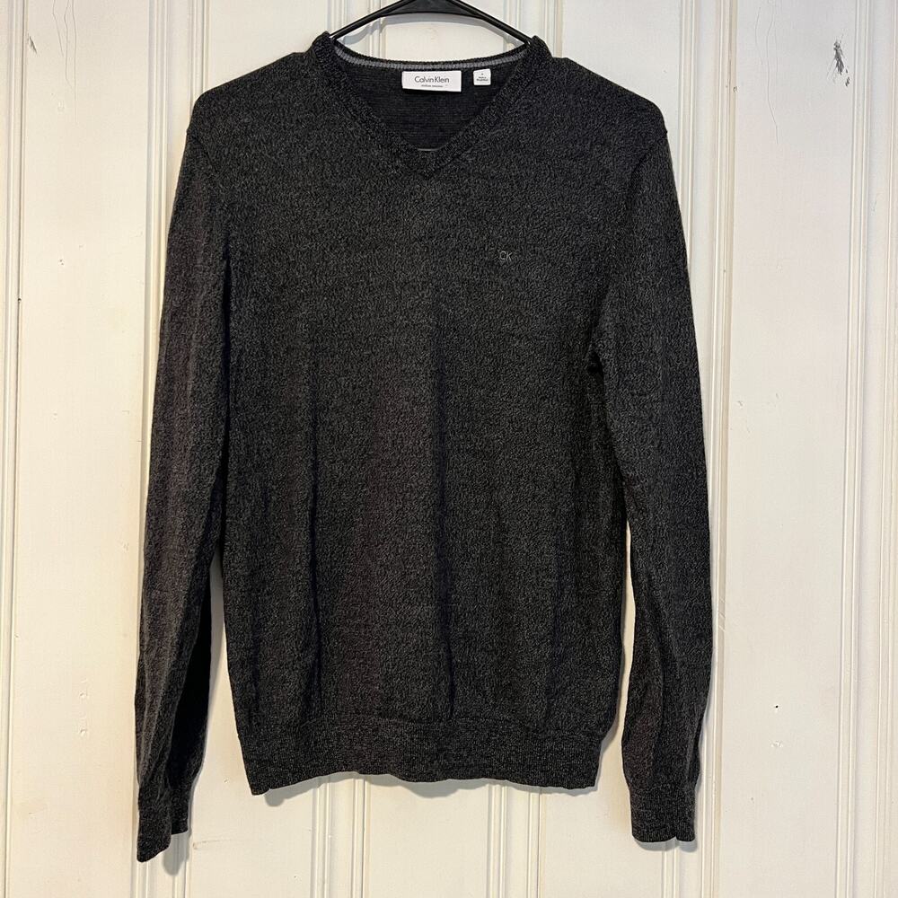 Calvin Klein mens small dark grey 100% merino wool v-neck sweater crew pullover